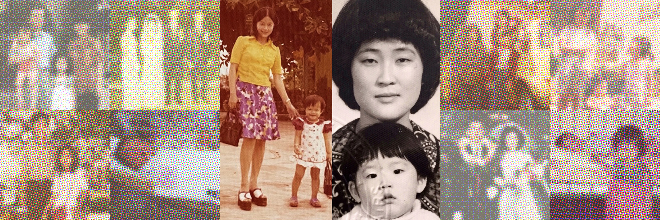 A collage of images of Lao- and Korean-American families from the 1970s, with most faces pixelated.